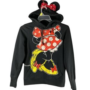 Disney Parks Hoodie Sweatshirt Minnie Mouse Ears Silhouette Bowtie Hood Black L